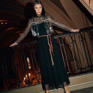 NWT! Zara Eyelet Maxi Black Long Sleeve Dress Size S